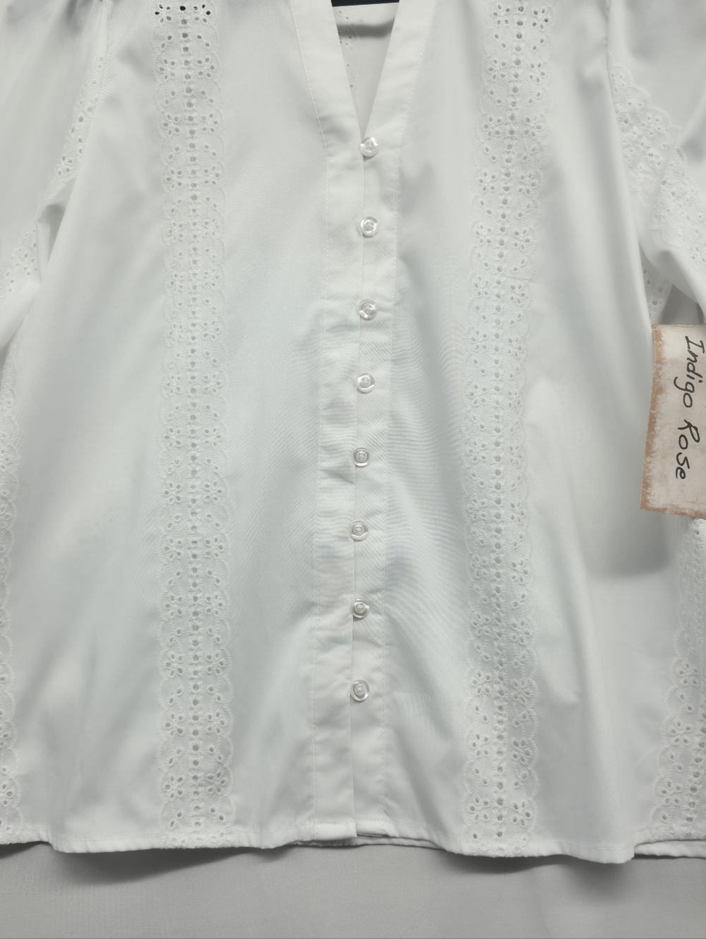Indigo Rose White Eyelet Lace Blouse NWT Boho Cottagecore Split Neck Long Sleeve - Picture 5 of 16